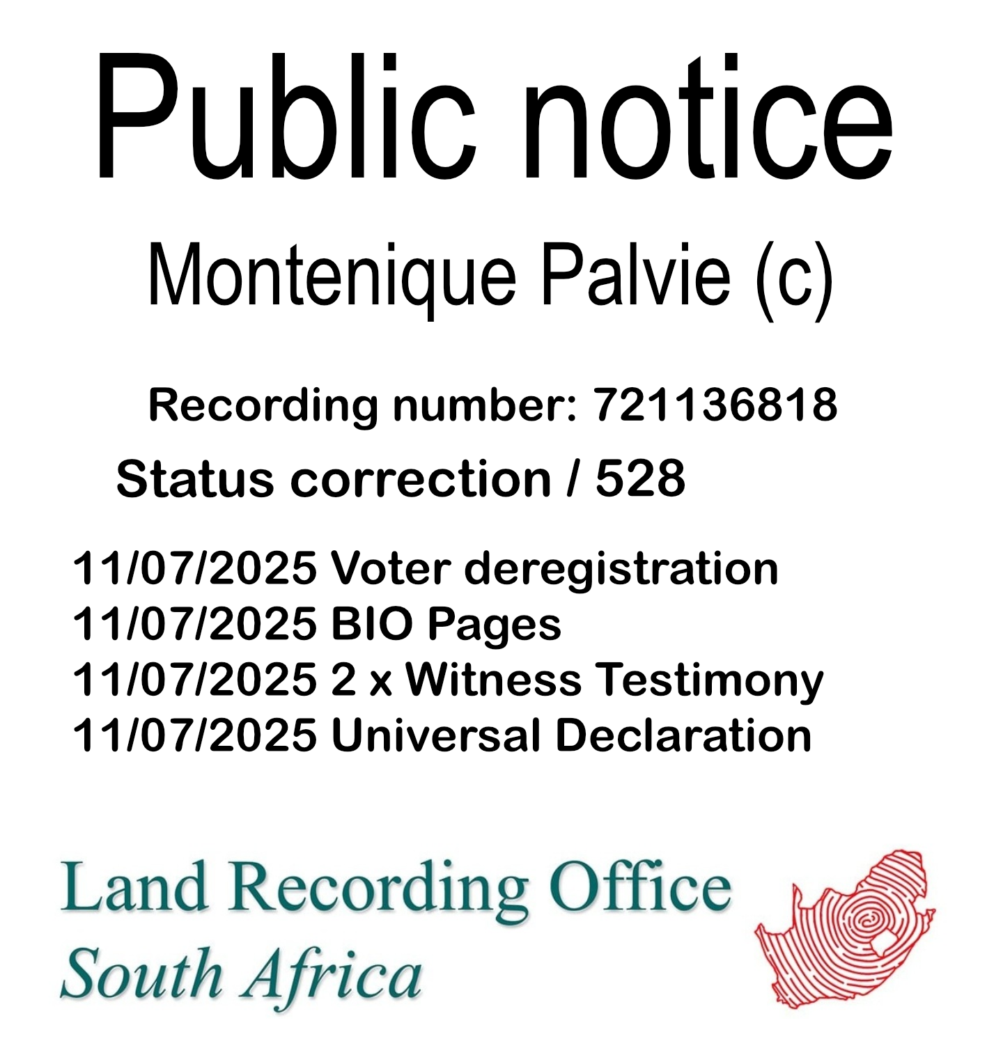 Public notice Montenique Palvie (c) Recording number 721136818